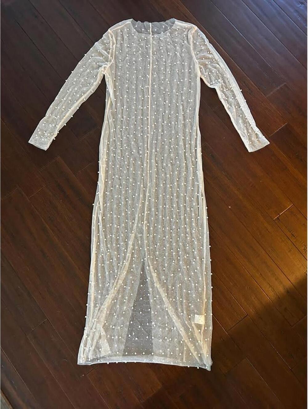 Sheer Pearl-Embellished Long Sleeve Maxi Dress
